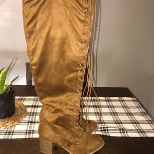 Thigh high lace up suede boots